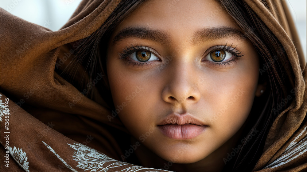 Close-up portrait of a young girl, her gaze direct and thoughtful.