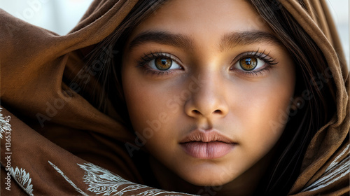 Obraz na płótnie Close-up portrait of a young girl, her gaze direct and thoughtful. w salonie
