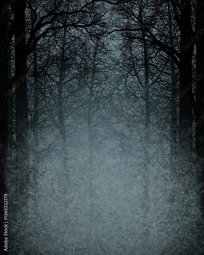 Fototapeta premium Misty Forest Pathway with Dark Trees and Ethereal Atmosphere
