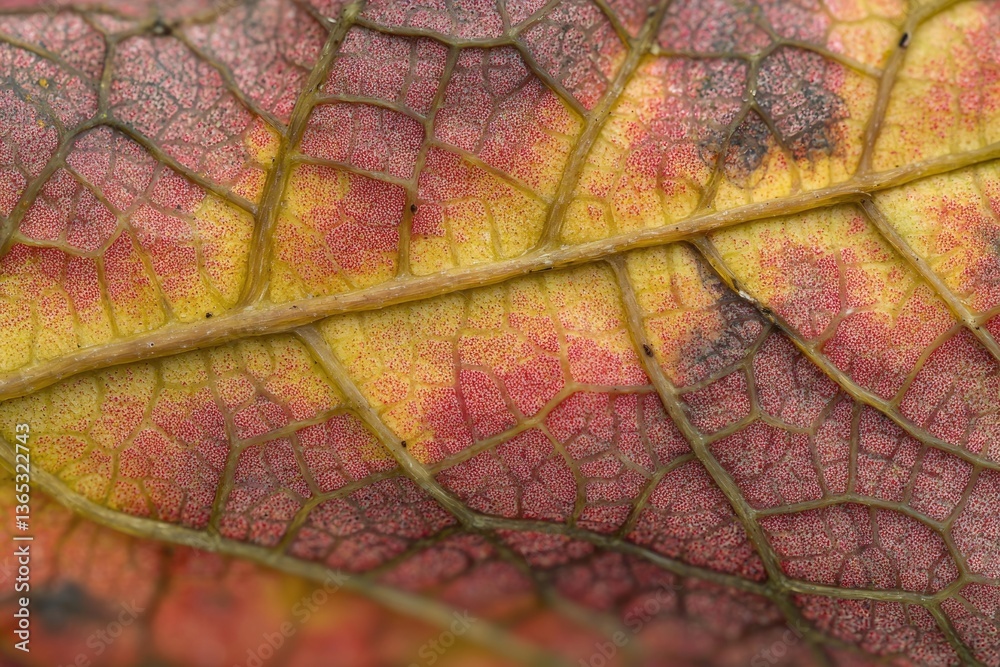Obraz premium Close-up shot reveals the intricate network of veins within a colorful autumn leaf, showcasing its fading beauty.