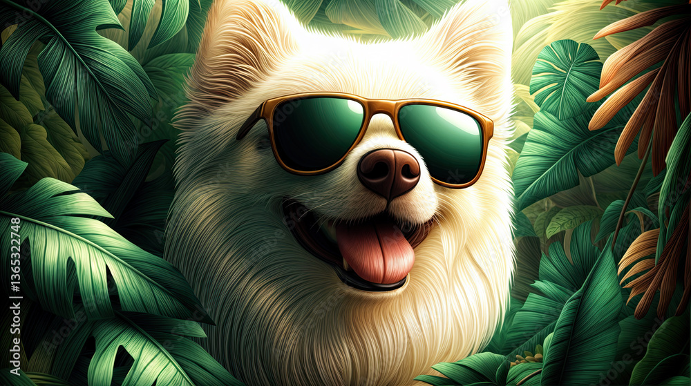 A happy white dog, sporting stylish sunglasses, nestled amidst lush tropical foliage.