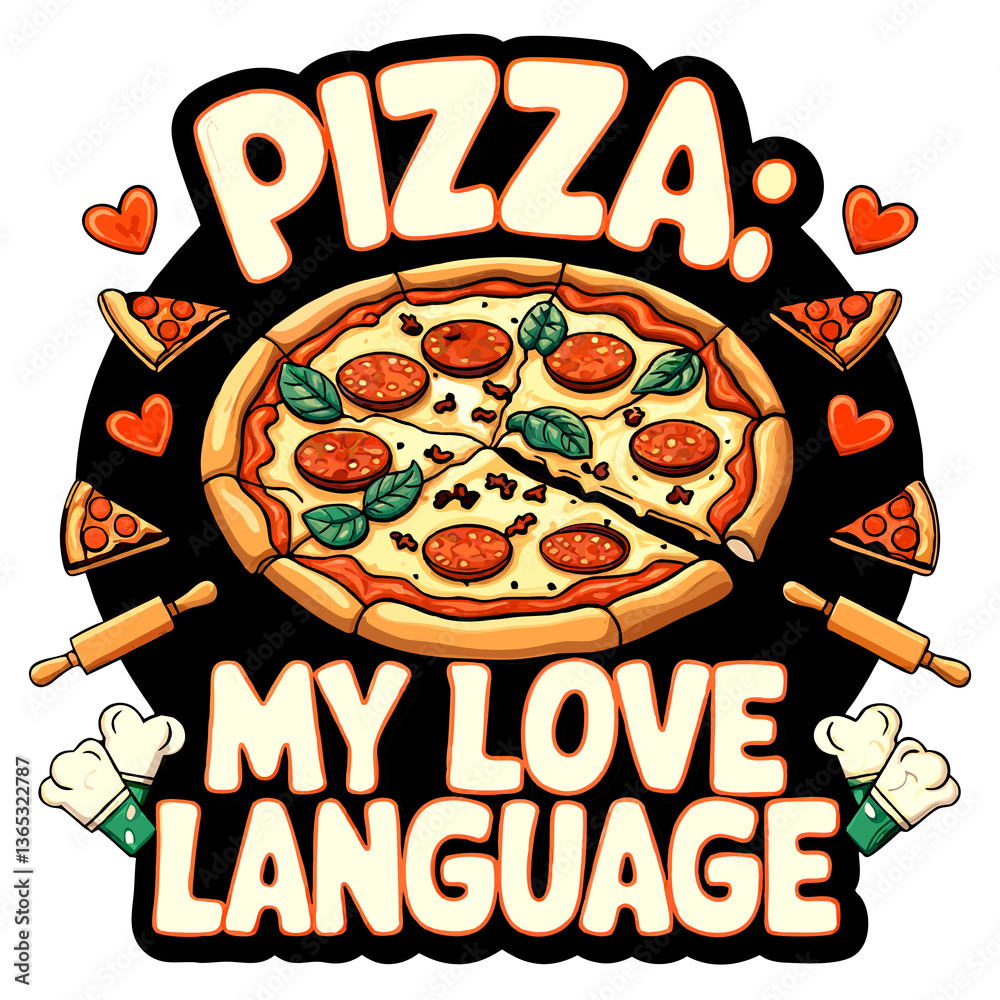 a large, delicious-looking pizza with pepperoni and basil toppings, surrounded by heart-shaped icons and the phrase