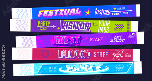 Y2k event party bracelet, festival concert ticket, cinema and club pass. Realistic 3d vector set of stylish and modern wristbands for festival, party, concert and vip access, enhancing event security