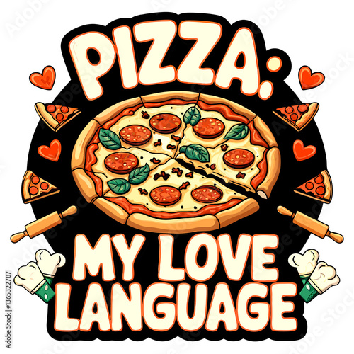 Obraz na płótnie a large, delicious-looking pizza with pepperoni and basil toppings, surrounded by heart-shaped icons and the phrase