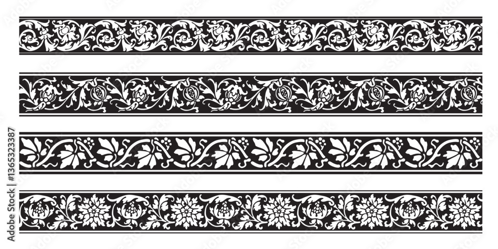 Set of decorative floral seamless ornamental border - Vector modular