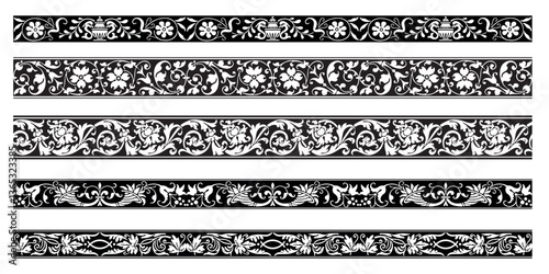 Set of decorative floral seamless ornamental border - Vector modular