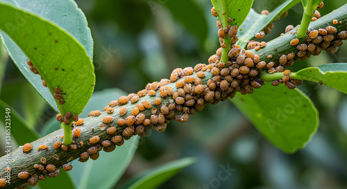 Severe infestation of scale insects on a citrus tree branch jeopardizing plant health
