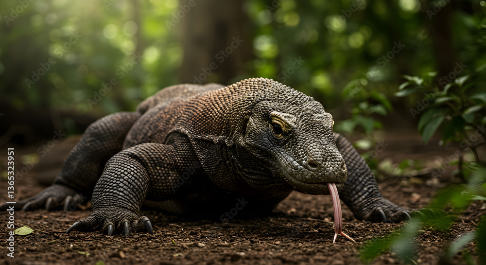 Obraz premium Majestic Komodo Dragon Observing its Surroundings with its Tongue Extended