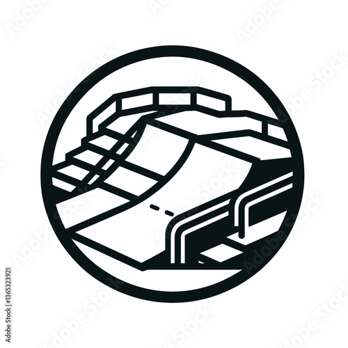 Stylized skatepark graphic featuring ramps and structures in black and white