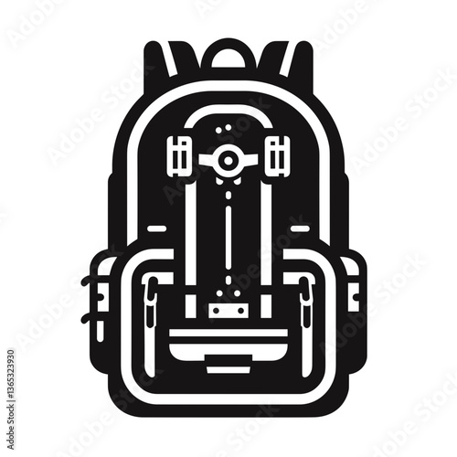 Stylized backpack graphic featuring a skateboard secured inside in black and white