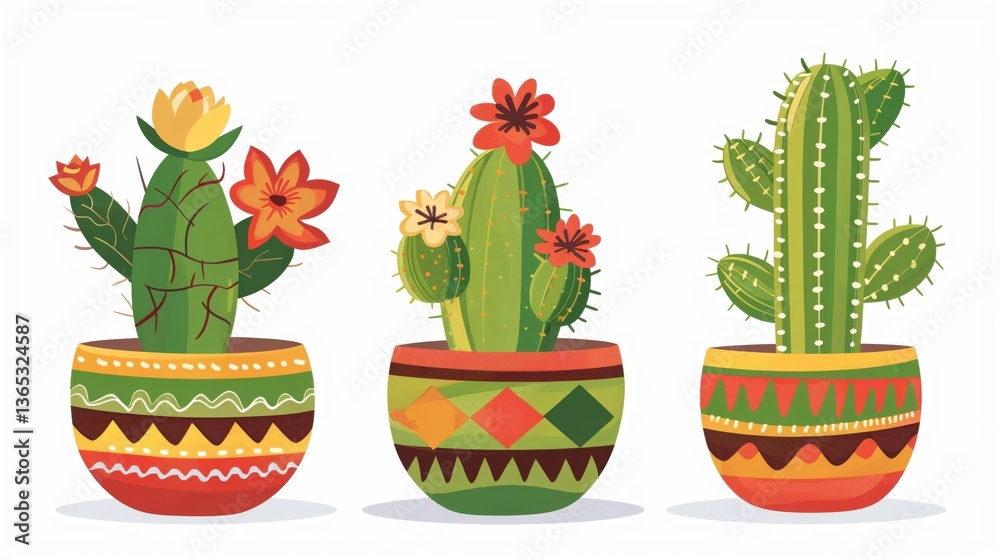 Fototapeta premium Series of eco-friendly cactus clipart promoting green celebrations for Cinco de Mayo.