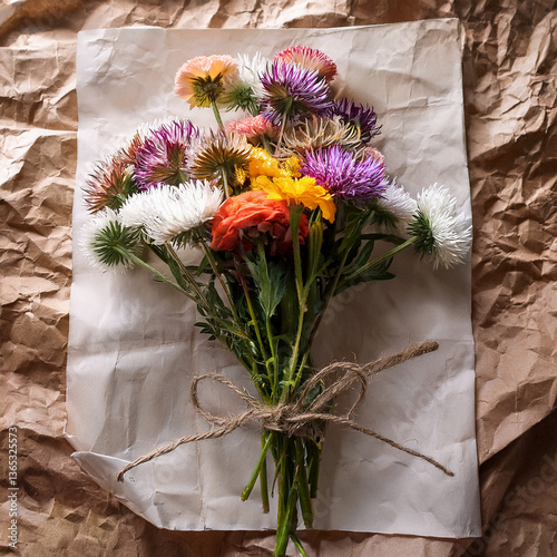 Mazzo di fiori legati con uno spago su vecchio foglio di carta sgualcita. luce soffusa