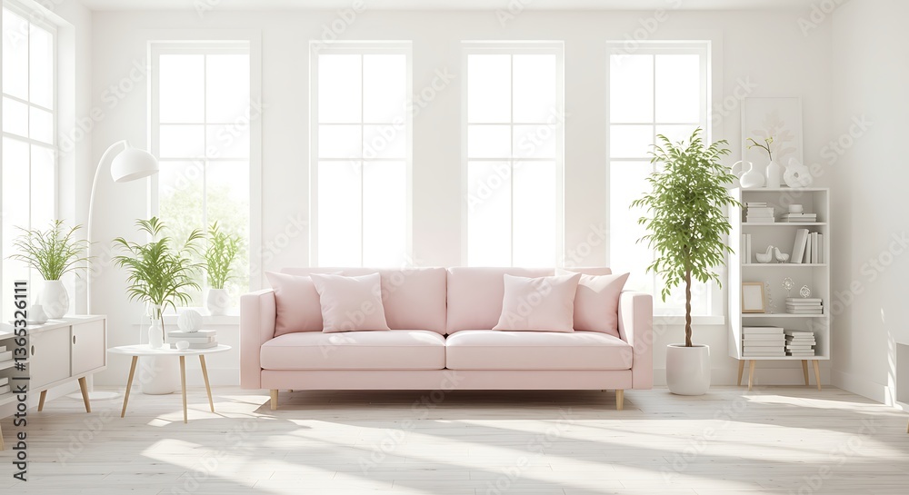 Fototapeta premium Bright and airy living room with pastel pink sofa and lush greenery, promoting comfort