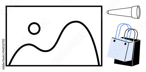 Scene with stylized landscape image, a telescope for exploration, and shopping bags for retail. Ideal for e-commerce, travel, discovery, photography, marketing, consumer behavior and visual