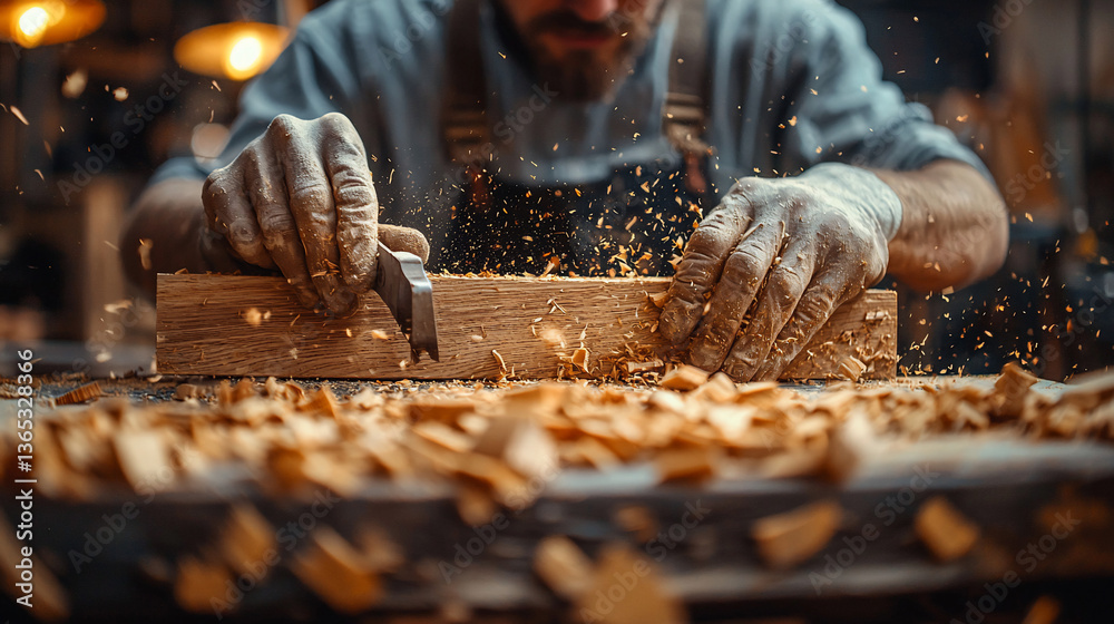Carpenter Shaping Wood in Workshop Carpenter Shaping Wood in Workshop
