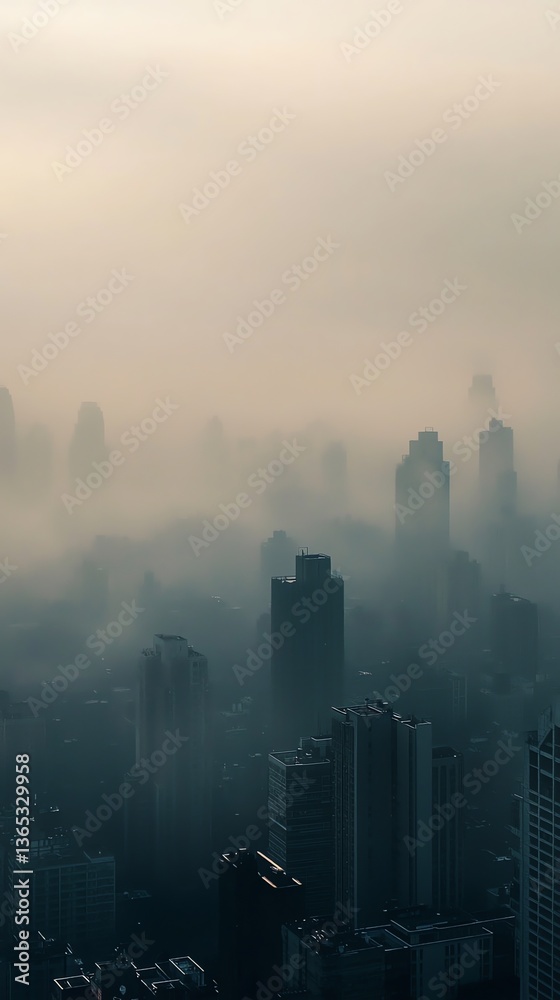 Cityscape Enshrouded in Fog Aerial View of Modern Buildings Cityscape Enshrouded in Fog Aerial View of Modern Buildings