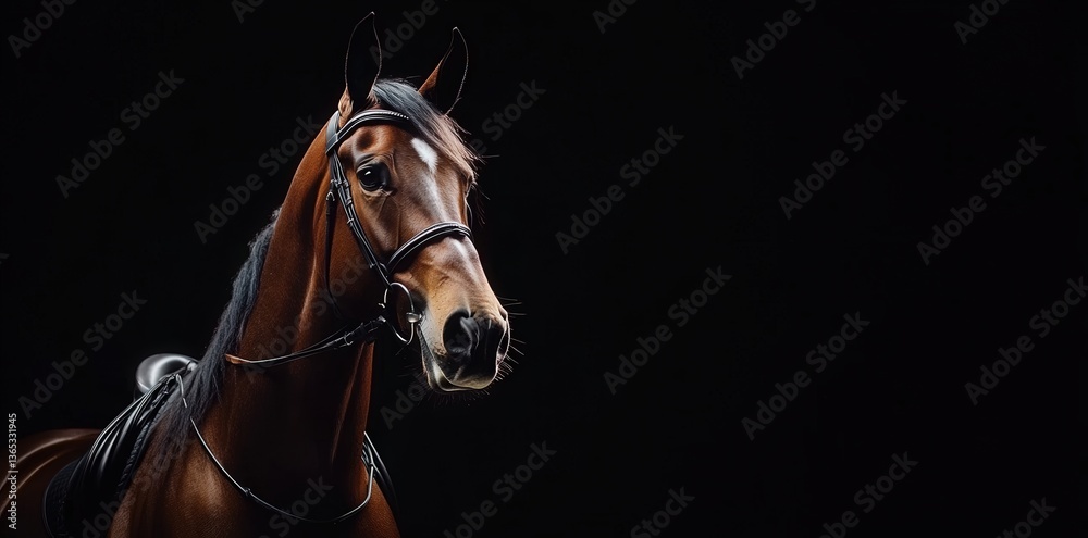A majestic horse stands out against a dark background, showcasing its sleek coat and attentive expression, emphasizing elegance and strength. A majestic horse stands out against a dark background, showcasing its sleek coat and attentive expression, emphasizing elegance and strength.