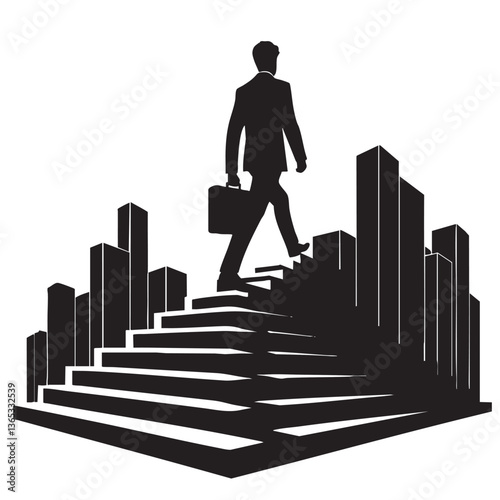 Businessman Climbing Stairs Towards City Skyline: Success, Ambition, and Career Growth