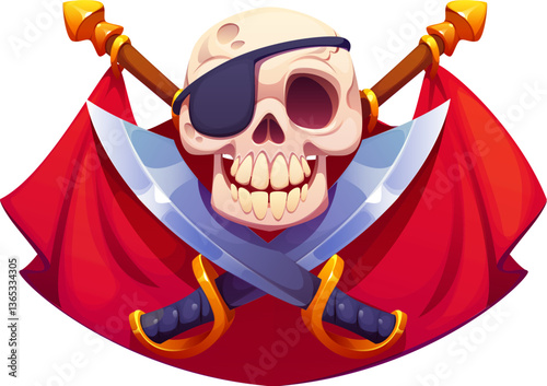 Heraldic pirate skull with crossed sabers and red flags. Cartoon vector emblem with grinning jolly Roger skull with an eye patch and crossed swords, evokes themes of danger and the high seas adventure