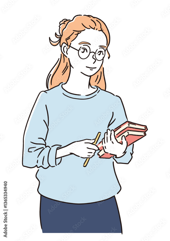 教科書を抱える学生・研究者 - 学習、研究、知的好奇心のイラスト