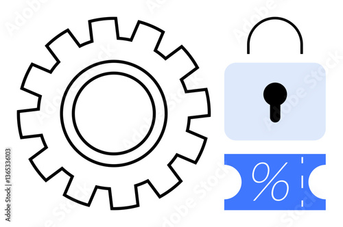Gear symbolizing mechanisms, lock indicating security, and discount ticket illustrating savings. Ideal for operations, security measures, financial savings, commerce, technology solutions, economic