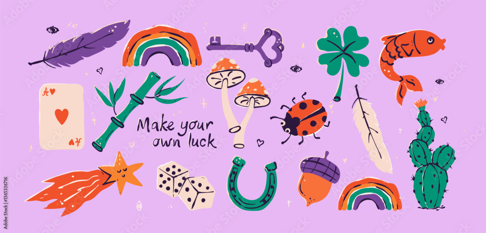 Obraz premium Vector decorating design elements of Lucky Charms, bring wealth and prosperity, Good Luck. Collection of flat elements on isolated background.