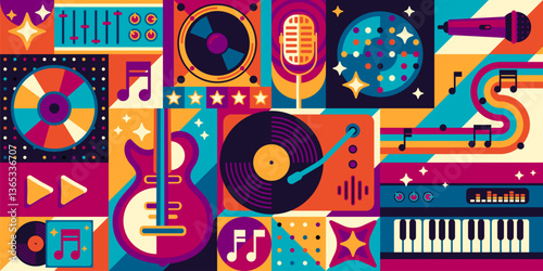 Music geometric shapes pattern with musical instruments in retro art, vector background. Modern geometric pattern of disco music CD and retro vinyl disc with guitar, synthesizer and musical notes