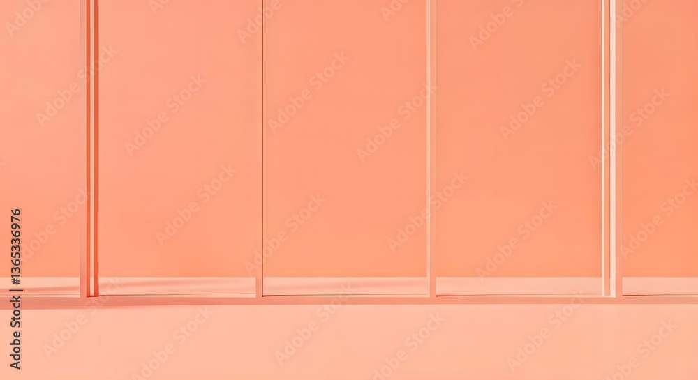 Fototapeta premium A minimalist pastel coral room with floor-to-ceiling windows, casting a dreamy glow, AI Generated