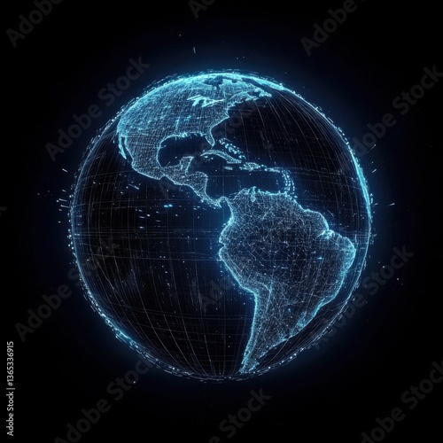 3D wireframe of the Earth, with a blue glow on top, isolated against a black background