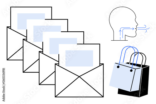 Four open envelopes with letters, schematic drawing of a human head speaking, shopping bag. Ideal for communication, correspondence, information flow, mail services, verbal exchange, consumerism