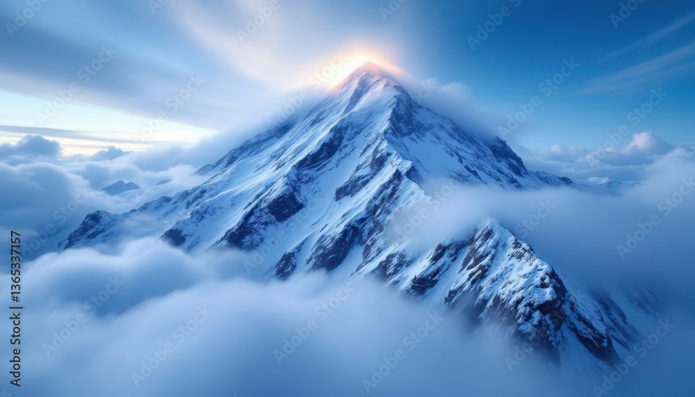 Majestic snow-covered mountain peak shrouded in clouds at sunrise Majestic snow-covered mountain peak shrouded in clouds at sunrise