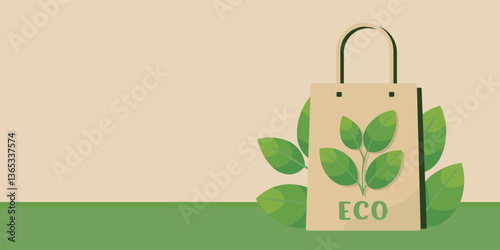 Eco-friendly shopping bag with green leaves, sustainable design, zero waste concept