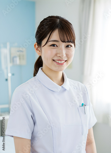 Smiling Japanese female nurse, AI generated