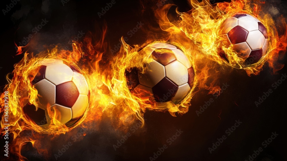 Fototapeta premium soccer balls on fire, against a black background