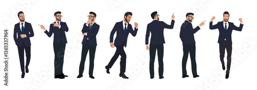Set of Businessman character in different poses. Handsome man with beard wearing formal suit standing and walking, using phone , front, back and side view. Vector realistic illustration isolated