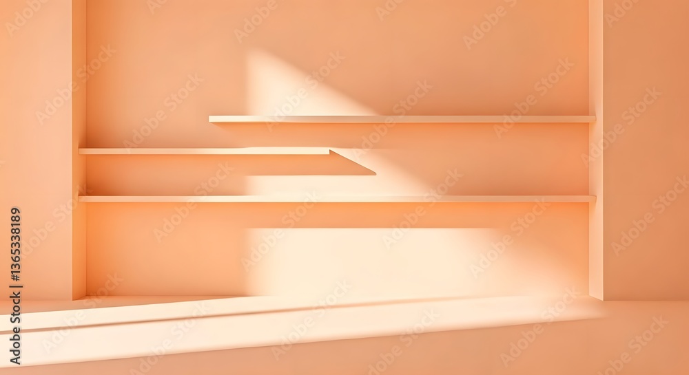 Fototapeta premium A pastel apricot-colored room with built-in shelves and a soft glow of sunshine, Ai Generated