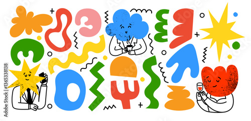 Brutalist abstract geometric shapes and grids. Brutal contemporary figure and other primitive elements for t shirt design, textile print and gifts design.