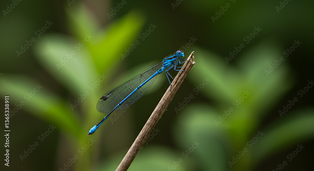 Vibrant Azure Damselfly Perched Delicately on a Twig Amidst Lush Greenery Vibrant Azure Damselfly Perched Delicately on a Twig Amidst Lush Greenery