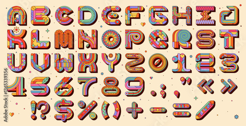 Groovy font, hippie funky typeface, retro letters type, english alphabet vector typography set. Groovy font abc letters and numbers with psychedelic geometric shapes pattern, hippie rainbow, flowers