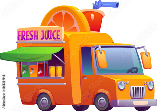 Cartoon fresh juice street food truck, vintage festival foodtruck. Vector van with a green awning and large orange slice with red cup on top. Retro mobile drink bar serves refreshing summer beverages