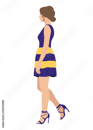 Stylish beautiful Woman in fashion dress for evening or cocktail party, event. Pretty girl wearing stylish clothes, shoes. Flat vector realistic illustration isolated