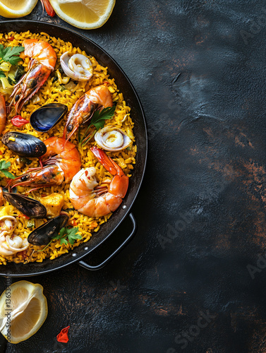 A vibrant seafood paella featuring shrimp, mussels, and calamari, garnished with fresh herbs and lemon slices, served in a black skillet on a dark textured background.