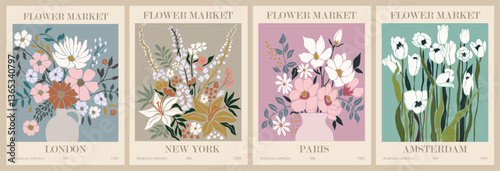 Set of abstract Flower Market posters. Trendy botanical wall arts with floral design in danish pastel colors. Modern naive groovy funky interior decorations, paintings. Vector art illustration