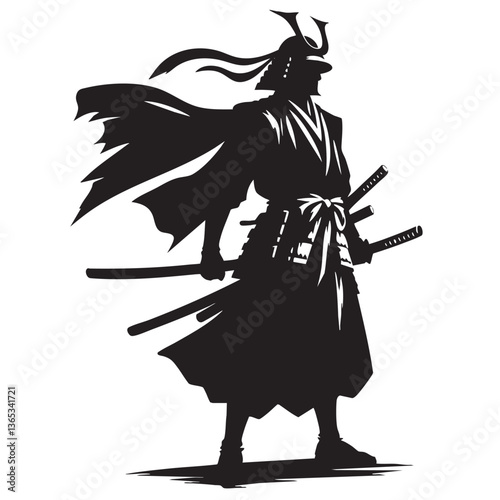 Samurai Warrior: A Black and White Vector Illustration of a Fearless Japanese Swordsman