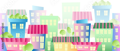 Seamless border, background with houses or buildings set on a separate layer. Color illustrations, a pattern with an urban landscape, a school, a pharmacy, a hairdresser. Vector