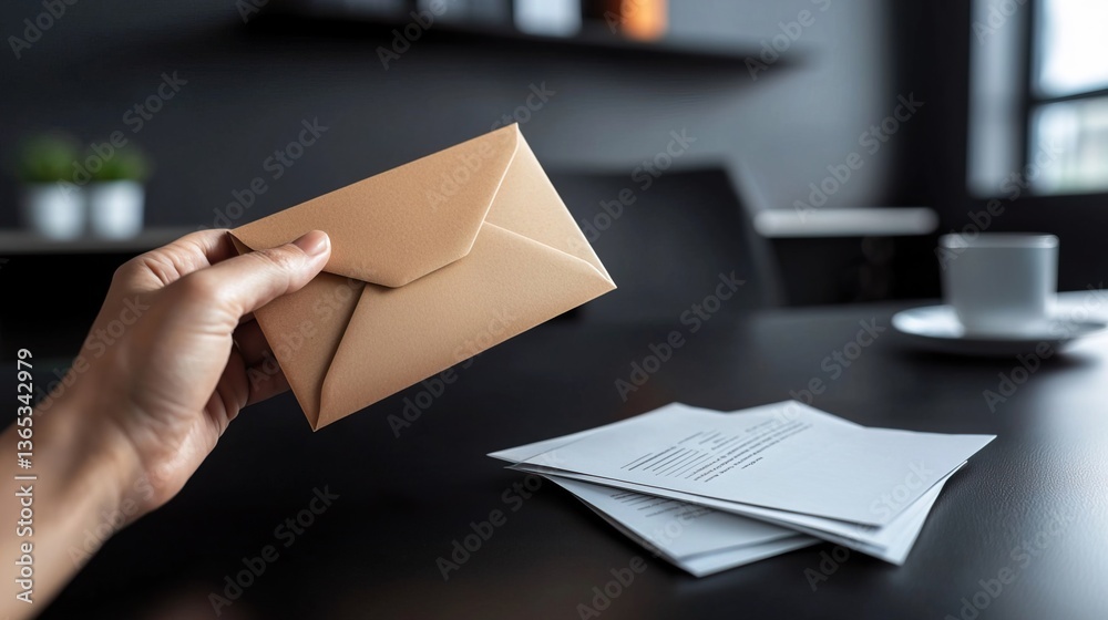 Close Up View of Hand Opening Sealed Envelope in Modern Workspace Setting Close Up View of Hand Opening Sealed Envelope in Modern Workspace Setting
