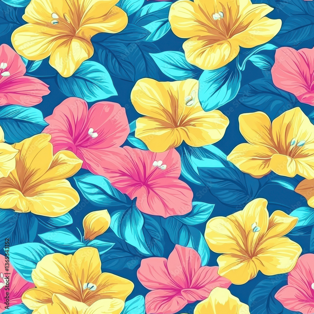 Obraz premium Vibrant floral pattern with yellow and pink hibiscus flowers, Summer Textile Seamless Pattern Background