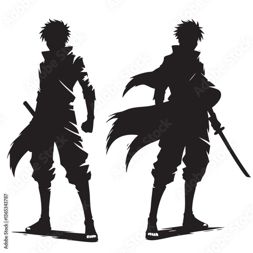 Silhouettes of Two Mysterious Samurai Warriors: A Powerful Black and White Illustration