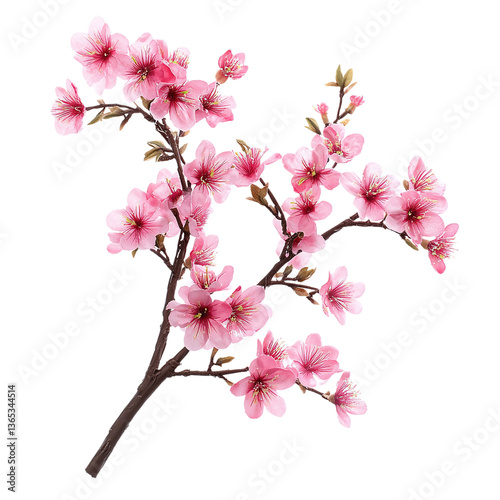 Cherry blossom branch with vibrant pink flowers, isolated on white background
