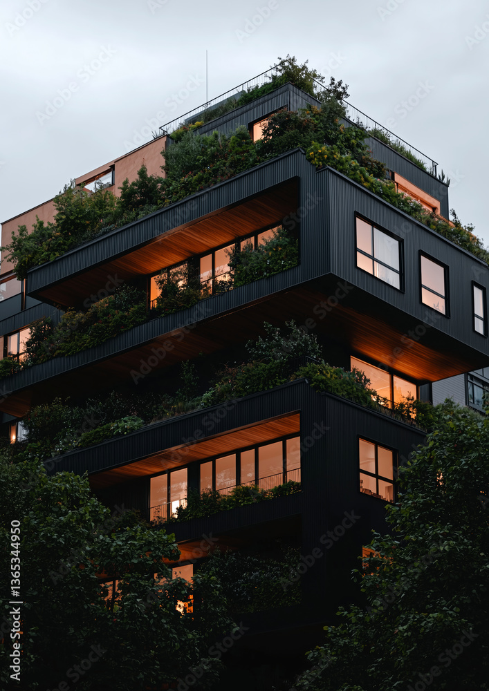 Obraz premium Modern sustainable apartment building with lush greenery and glowing interior lights at dusk
